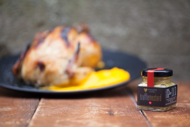 Truffle mustard glazed chicken with carrot puree