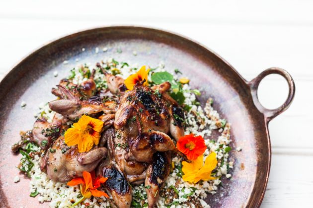 Truffle honey glazed quail with cauliflower couscous